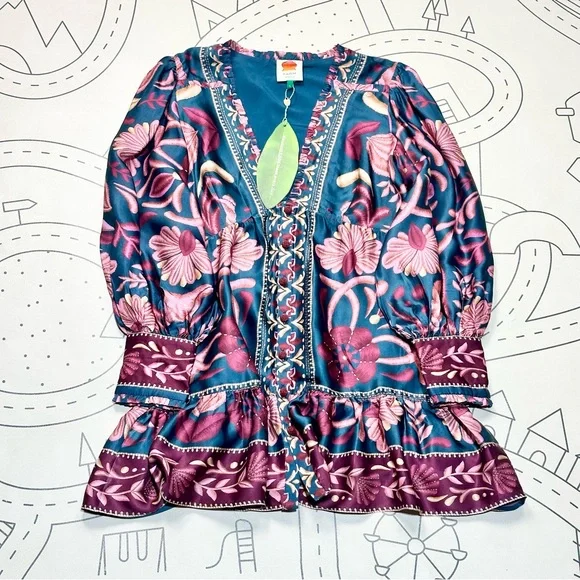 Farm Rio Teal Seashell Tapestry Lenzing™ Ecovero™ Viscose Mini Dress - Picture 7 of 10